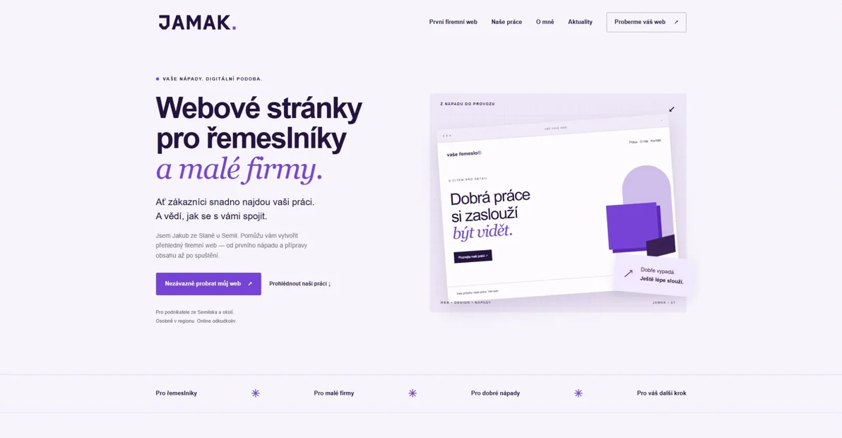 Skutečný náhled úvodu JAMAK s nabídkou webových stránek pro řemeslníky a malé firmy.