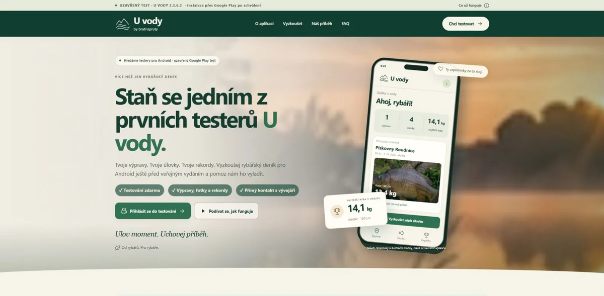 Skutečný náhled webu U vody s pozvánkou do uzavřeného testu rybářského deníku pro Android.